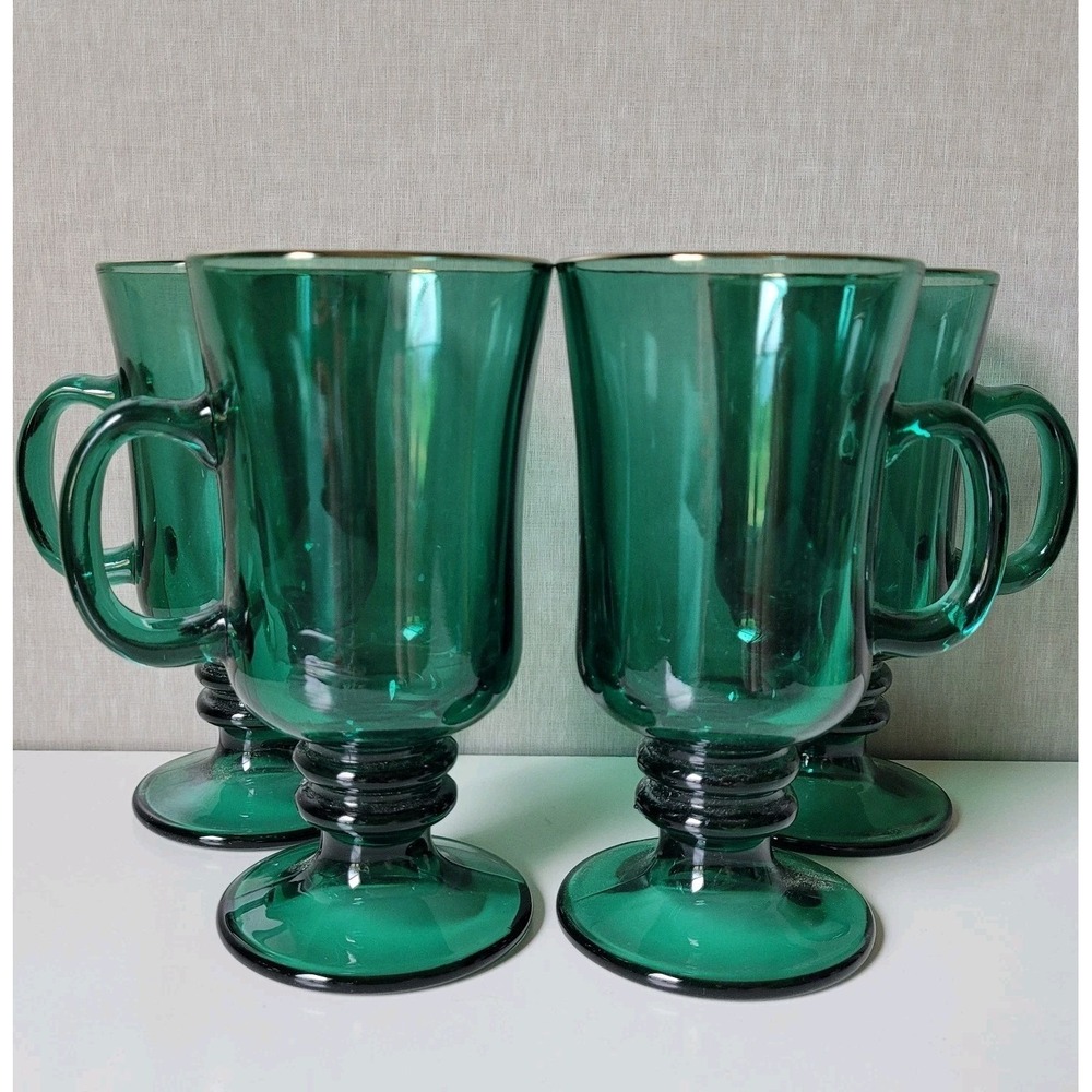 Vintage Libbey Emerald Green Gold Trim Irish Coffee Mugs Goblets Set of 4 MCM